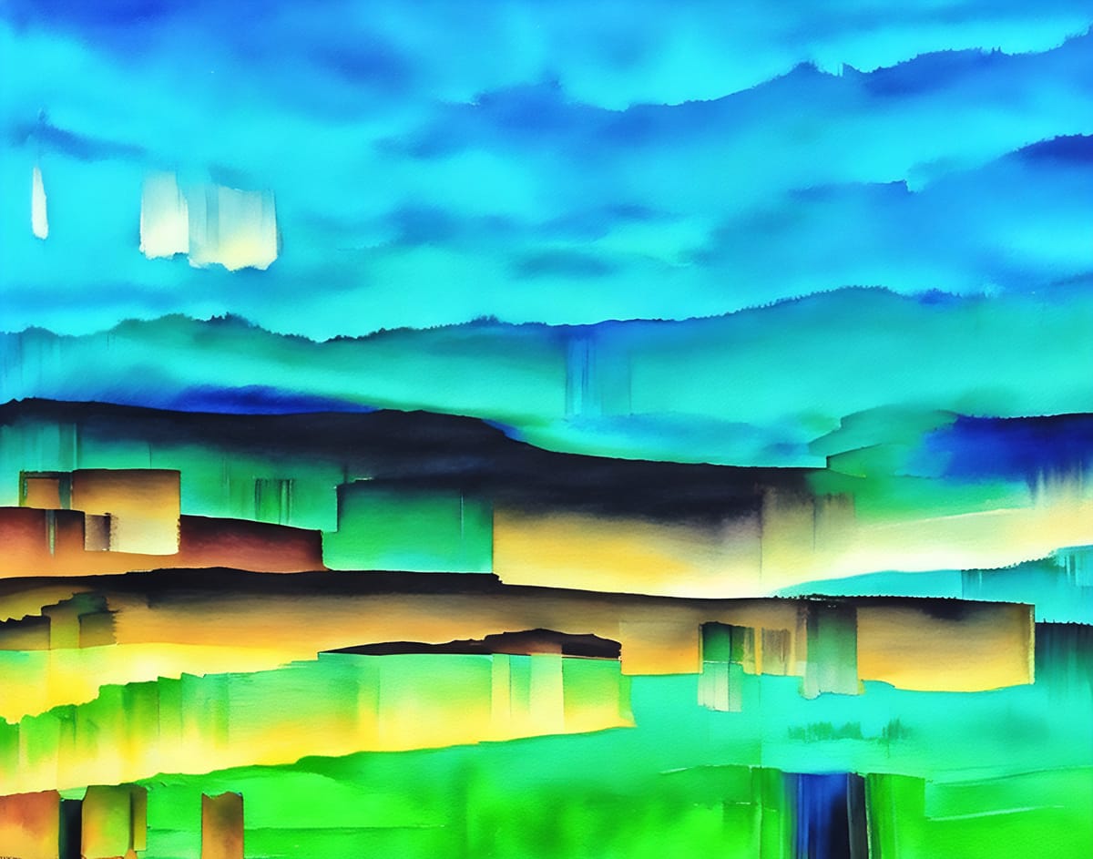 Digital abstract watercolor painting, bright blues and greens, suggests a skyline.