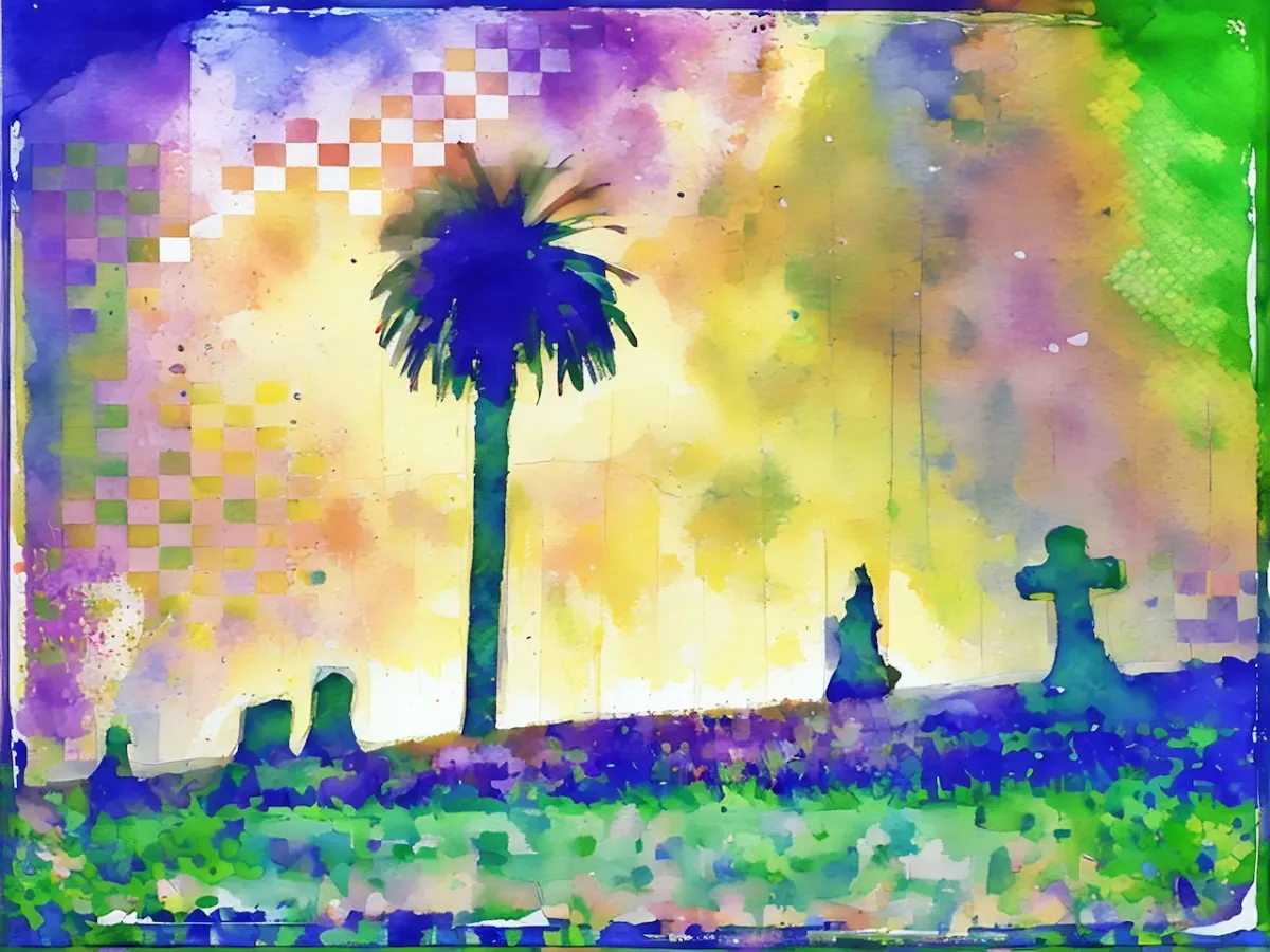 Photo of a palm tree in a graveyard in the style of a pixelated watercolor painting.