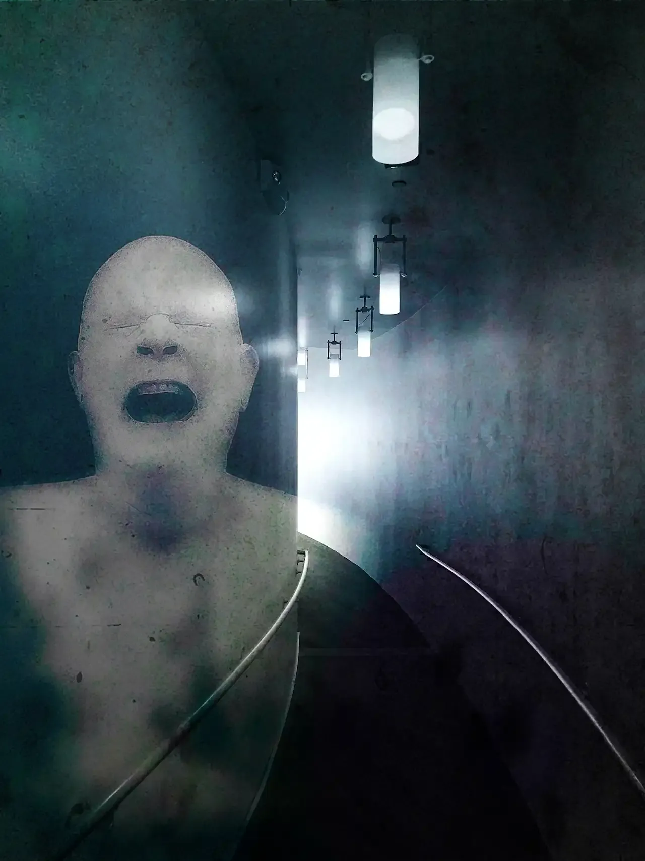 photomontage of a dark hallway curving towards light with a ghostly screaming figure superimposed on the wall