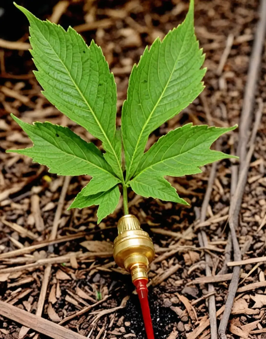 fake photograph of a green leafed plant growing out of a tiny red hose