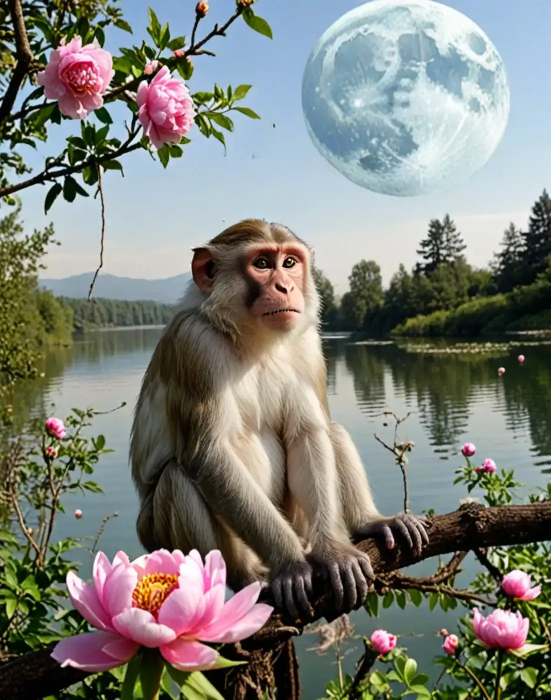 fake photograph of a monkey on a tree branch, in front of a lake, surrounded by pink flowers. huge moon in the background