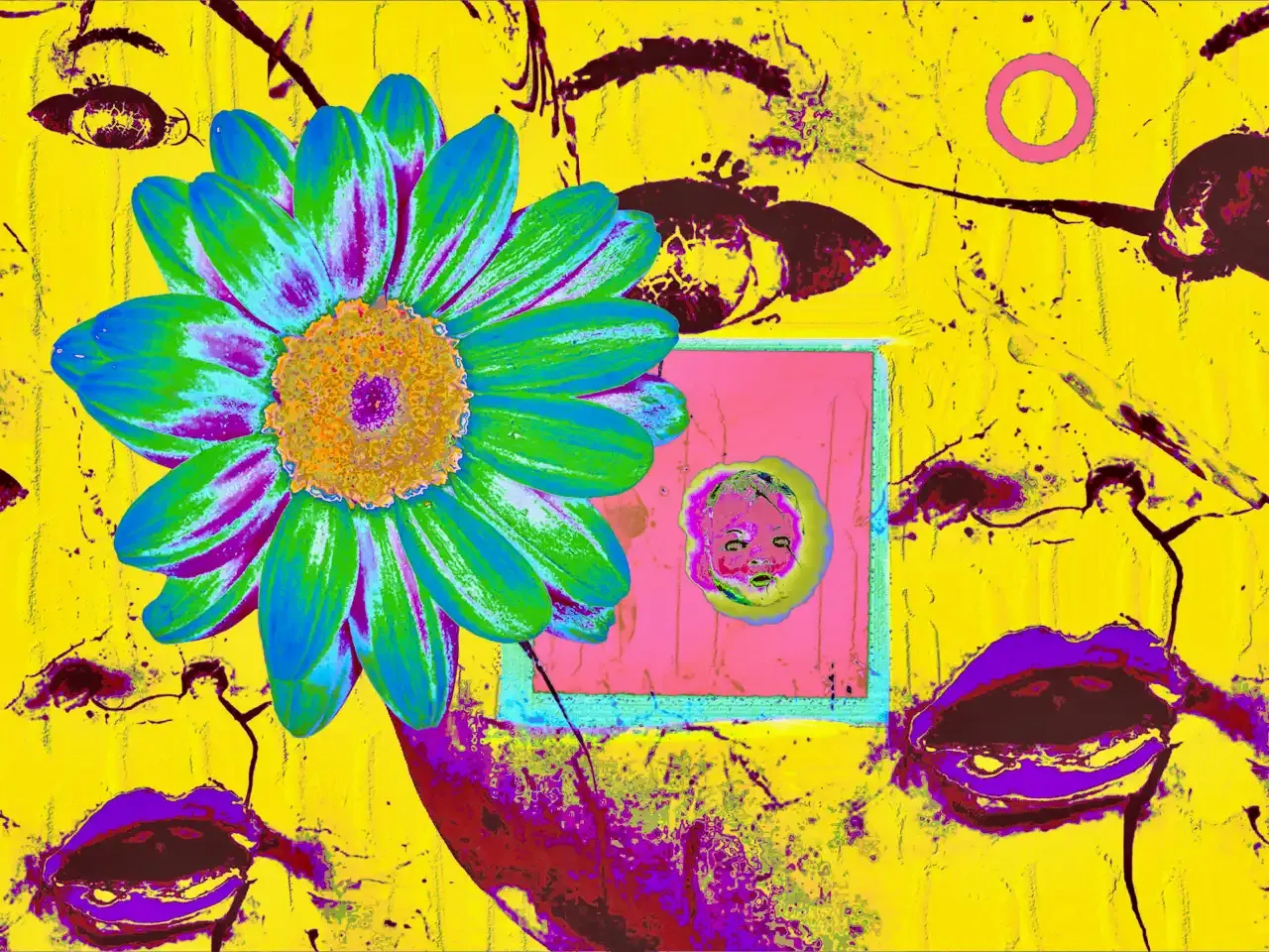 montage of purple doll faces on a painted yellow wall, with a tourquoise and purple flower