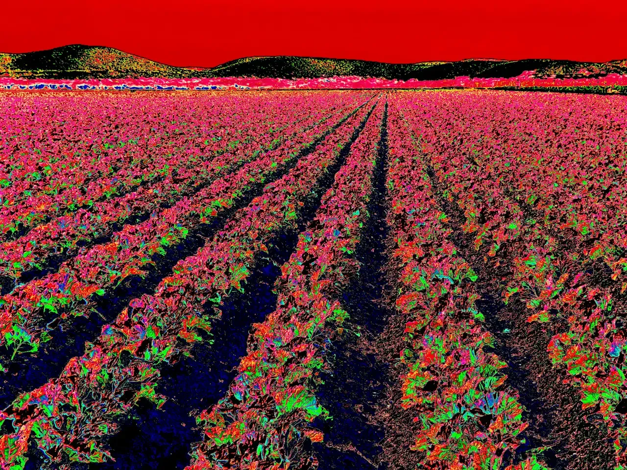 green and red collards planted in rows, the sky is blood red