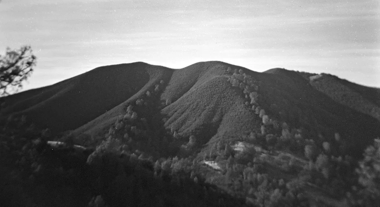 Grainy black and white film photo of the foothills of Mount Diablo in East Bay, California.