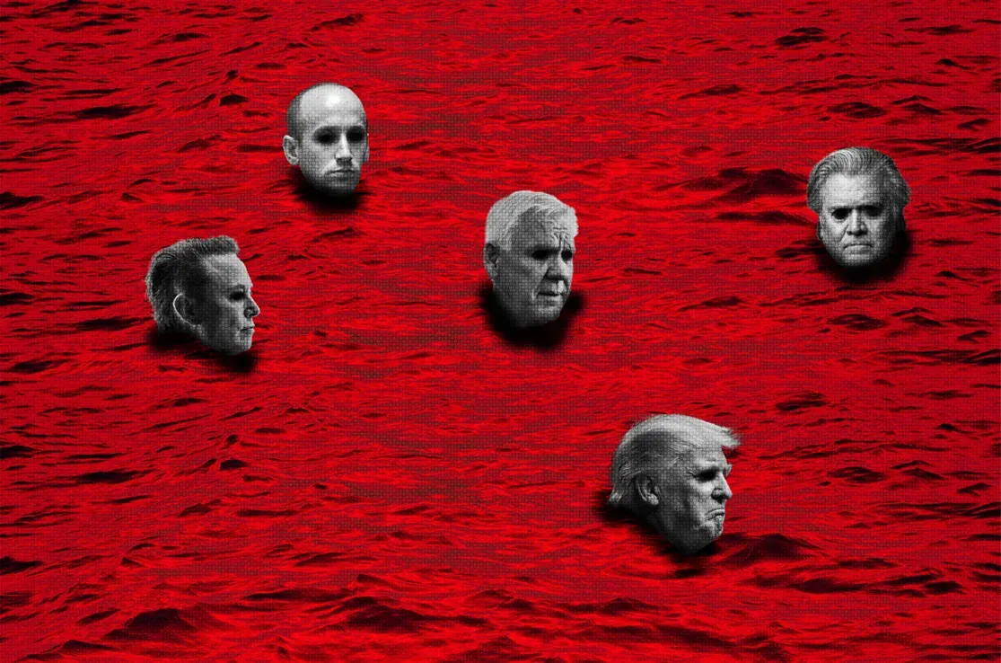 dark and gloomy billionaire heads floating on a sea of blood